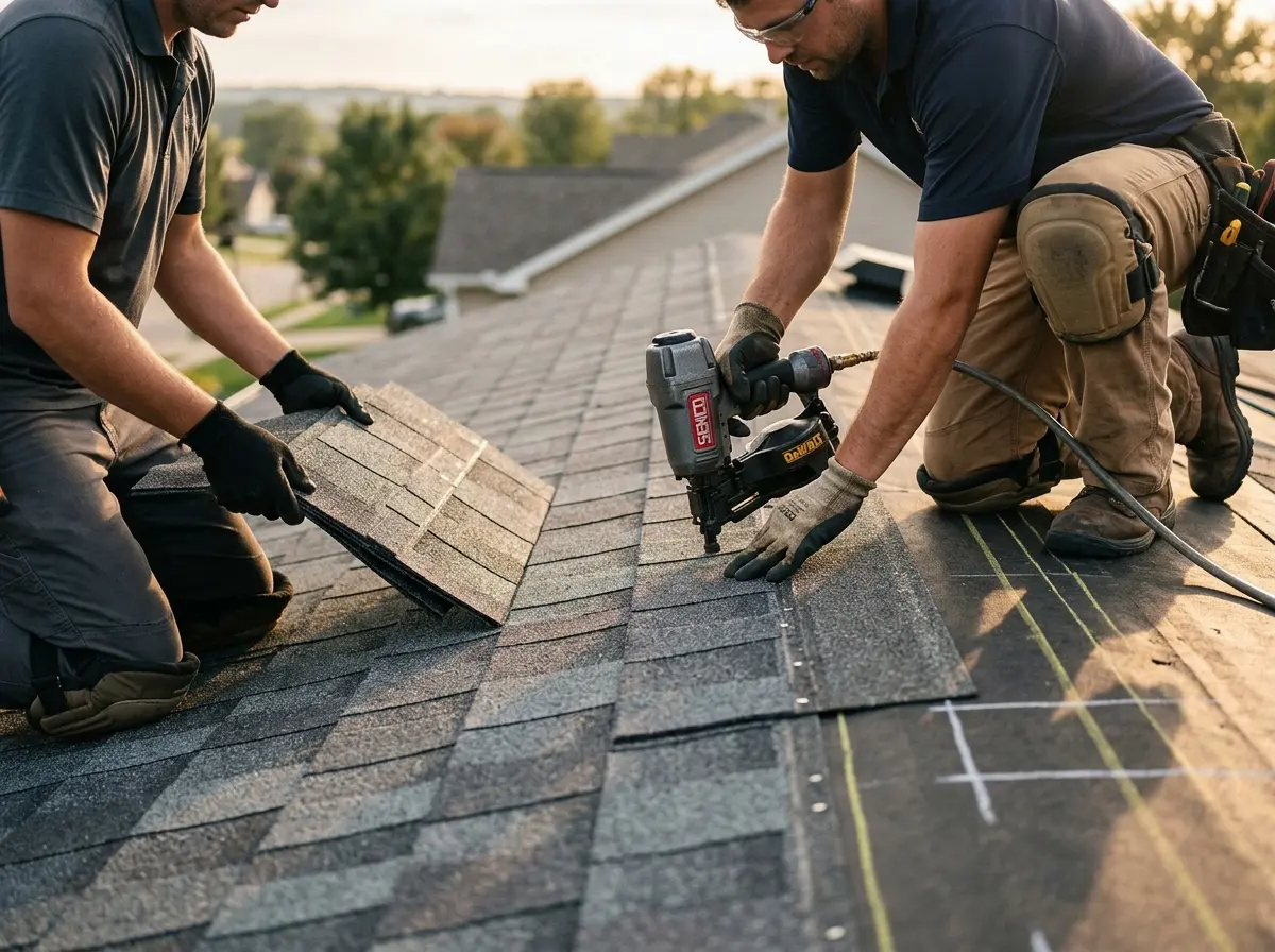 Professional roofer working on a residential roof in Maryland Heights